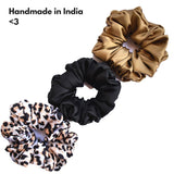 Spekta Set of 3- Vegan Satin Scrunchies (Black, Leopard & Brown)